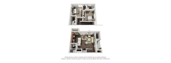 Two images of a white room with furniture and a note below them.