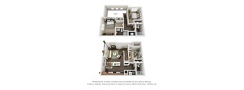 A floor plan of a two-story apartment with a living room, kitchen, and bedrooms.