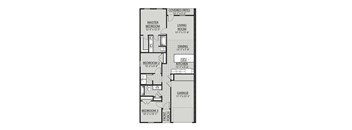 A floor plan of a house with a master bedroom, two additional bedrooms, a living room, dining room, kitchen, and a garage.