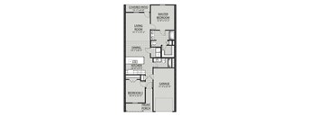 A floor plan of a house with a master bedroom, two living rooms, a dining room, a kitchen, a garage, and a covered patio.