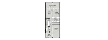 A floor plan of a house with a living room, dining room, kitchen, garage, and front porch.