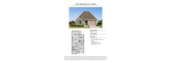 A house plan called The Duncan V J Plan showing a picture of the house, its living area, and a floor plan.