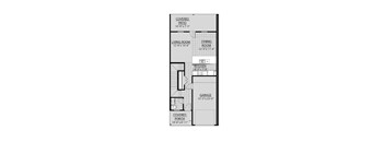 A floor plan of a house with a living room, dining room, kitchen, garage and covered porch.