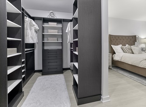 A bedroom with a large bed and a walk-in closet with shelves.