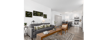 A living room with a grey couch and a coffee table.