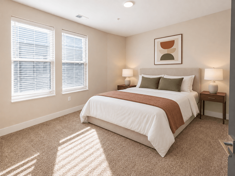 A bedroom with a large bed and two lamps.