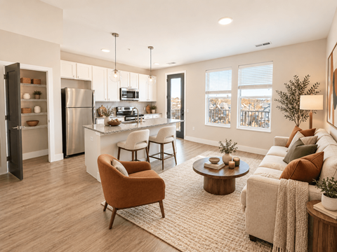 A modern kitchen with a refrigerator, stove, and a dining area with a table and chairs.