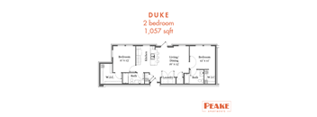 A floor plan for a 2 bedroom apartment sized at 1,057 square feet.