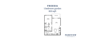 A floor plan for a 1 bedroom garden apartment at Parkview Apartments.