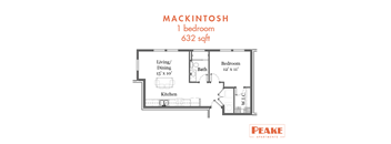 A floor plan for a 1 bedroom apartment of 632 sqft.