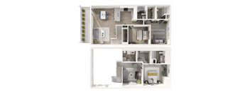 A 3D floor plan of a house with two bedrooms, a living room, a kitchen, and a bathroom.