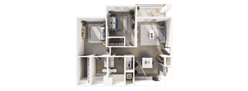 A top-down view of a small apartment with a kitchen, living room, and bedroom.