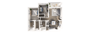 A top-down view of a small apartment layout with a kitchen, living room, and bedroom.