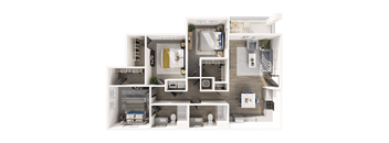 A top-down view of a house layout with a kitchen, living room, and bedrooms.