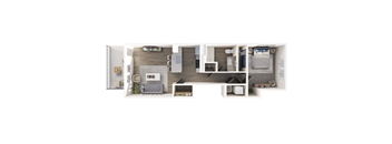 A top-down view of a small apartment layout with a kitchen, living room, and bedrooms.