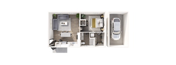 A top-down view of a small apartment with a living room, kitchen, and bathroom.