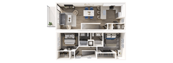 A detailed floor plan of an apartment with a kitchen, living room, and bathroom.