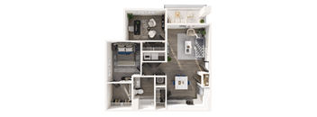 A top-down view of a small apartment with a kitchen, living room, and bedroom.