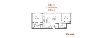 A floor plan for a 2 bedroom apartment sized at 938 sqft.
