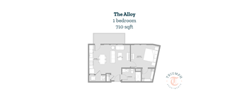 A floor plan of a one bedroom apartment that is 710 sqft.