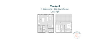 A floor plan of a one bedroom den townhome.