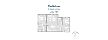 A floor plan for a 2 bedroom apartment sized at 1,233 sqft.
