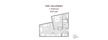 A floor plan of a one bedroom apartment that is 645 sqft.
