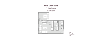 A floor plan of a one bedroom apartment sized 659 sqft.