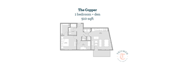 A floor plan of a one bedroom apartment with den is shown.