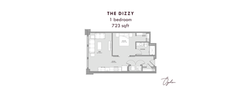 A floor plan of a one bedroom apartment sized at 723 sqft.