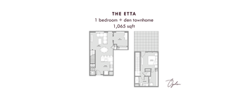 A floor plan of a one bedroom den townhome.