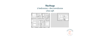 A floor plan for a 1,631 square foot two bedroom den townhome.