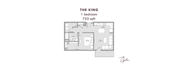 A floor plan for a one bedroom apartment sized at 753 sqft.