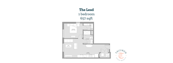 A floor plan of a one bedroom apartment sized 657 sqft.