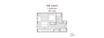 A floor plan of a one bedroom apartment that is 591 sqft.