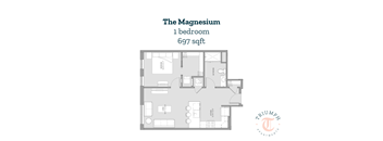 A floor plan of a one bedroom apartment sized 697 sqft.