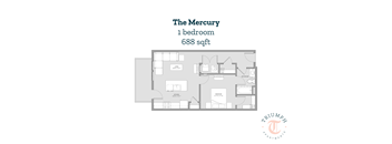 A floor plan for a one bedroom apartment sized at 688 sqft.