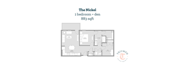 A floor plan for a one bedroom apartment sized at 883 square feet.