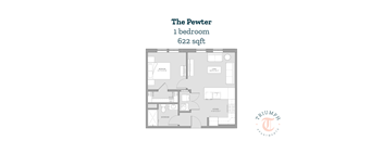 A floor plan of a one bedroom apartment sized at 622 sqft.