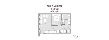 A floor plan of a one bedroom apartment that is 626 sqft.