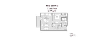 A floor plan of a one bedroom apartment sized at 597 sqft.