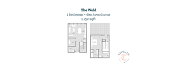 A floor plan of a one bedroom den townhome.