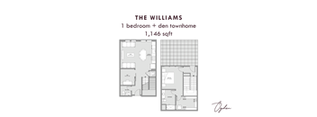 A floor plan for a one bedroom den townhome.