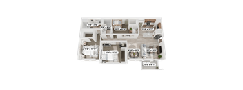 A 3D rendered image of a house layout with labeled dimensions.