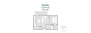 A floor plan of a one bedroom apartment sized 669 sqft.