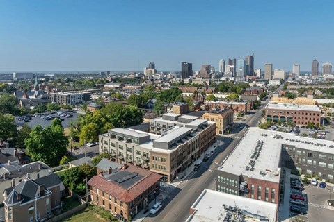 A cityscape with buildings and a clear sky.