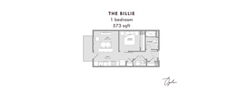 A floor plan of a one bedroom apartment that is 573 sqft.