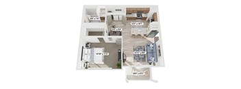 A floor plan of a house with a living room, kitchen, and two bedrooms.