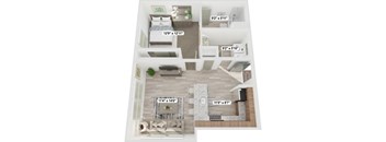 A floor plan of a two-bedroom apartment with a living room, kitchen, and bathroom.