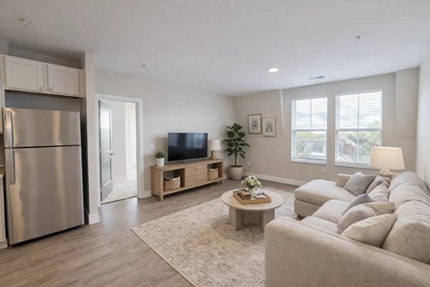 A modern living room with a grey sofa, a wooden coffee table, and a television.